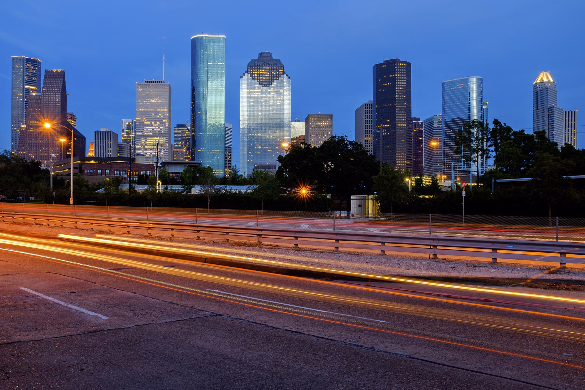 View of Downtown Houston city, Texas in a beautiful day at night