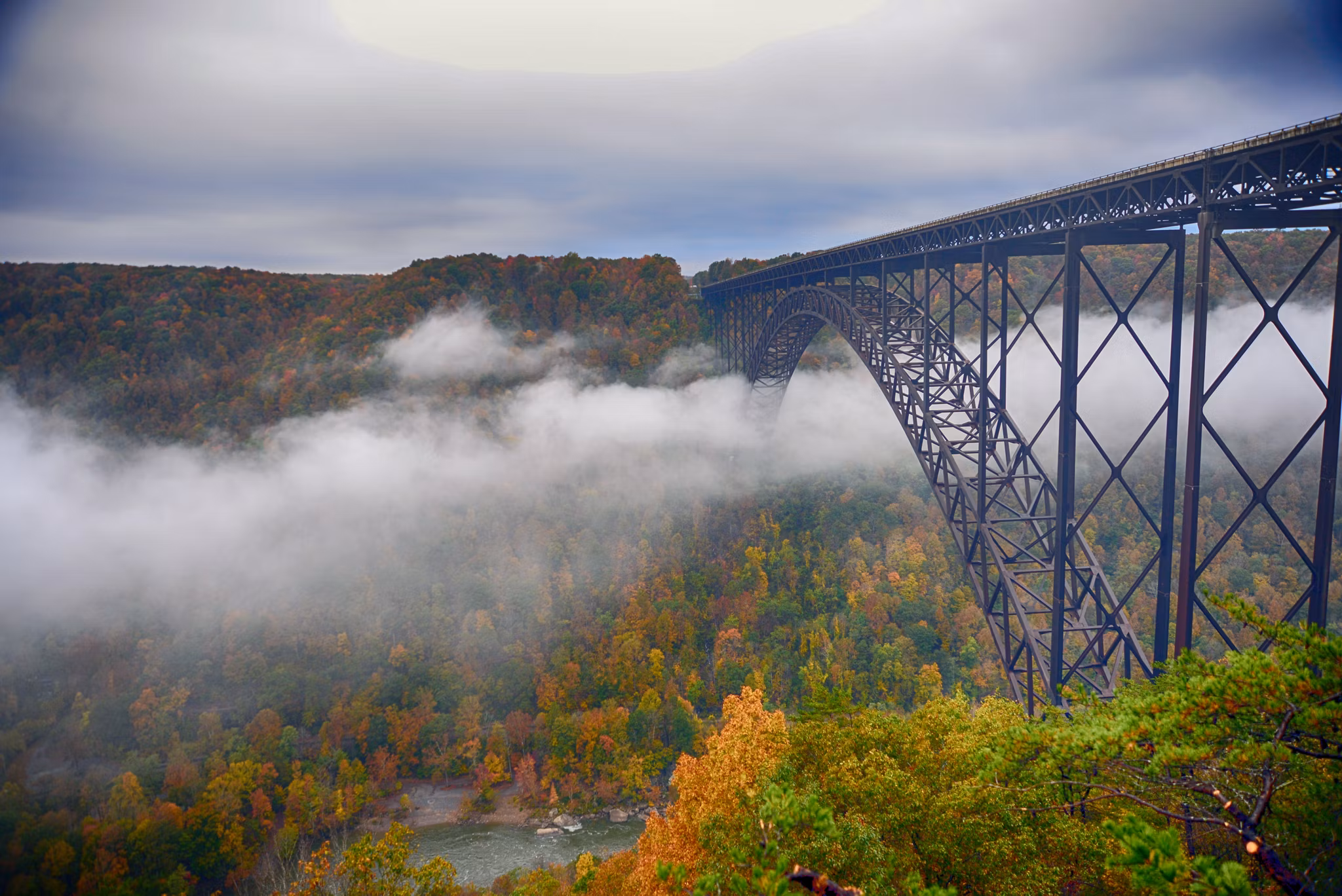 Fog in the morning going under the New River Gorge Bridge
